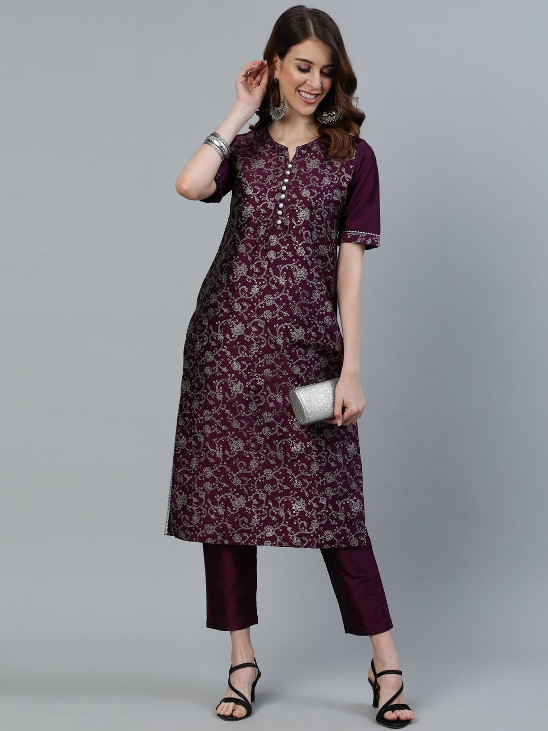 Purple Printed Silk Blend Straight Kurta with Pants