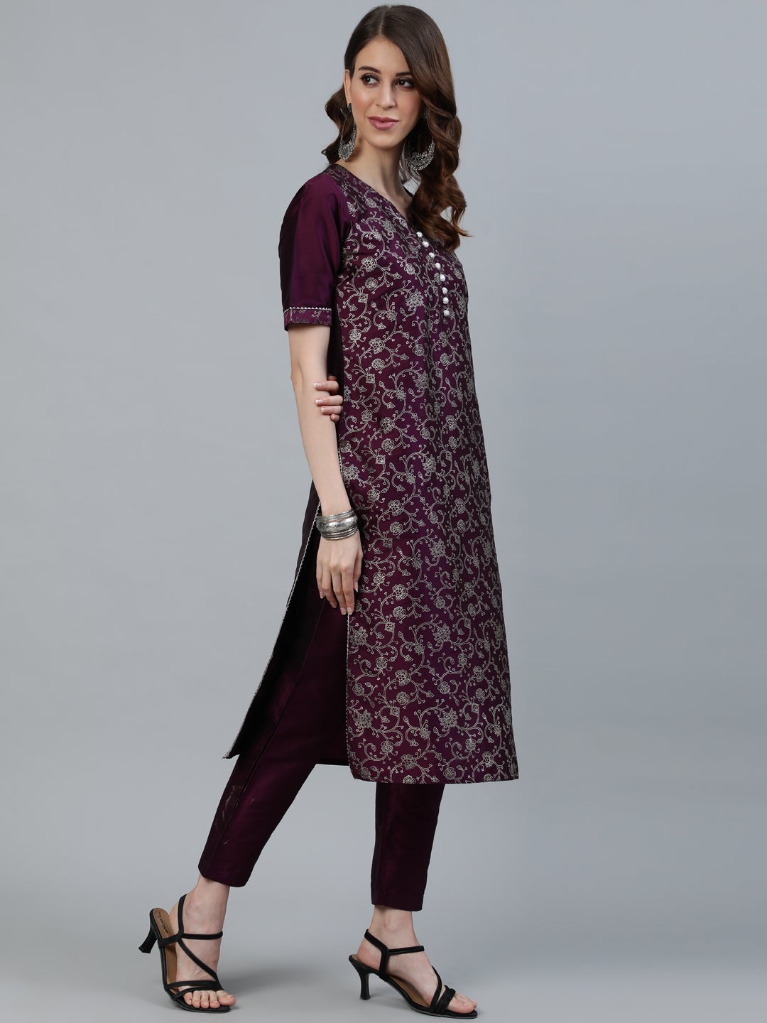 Purple Printed Silk Blend Straight Kurta with Pants