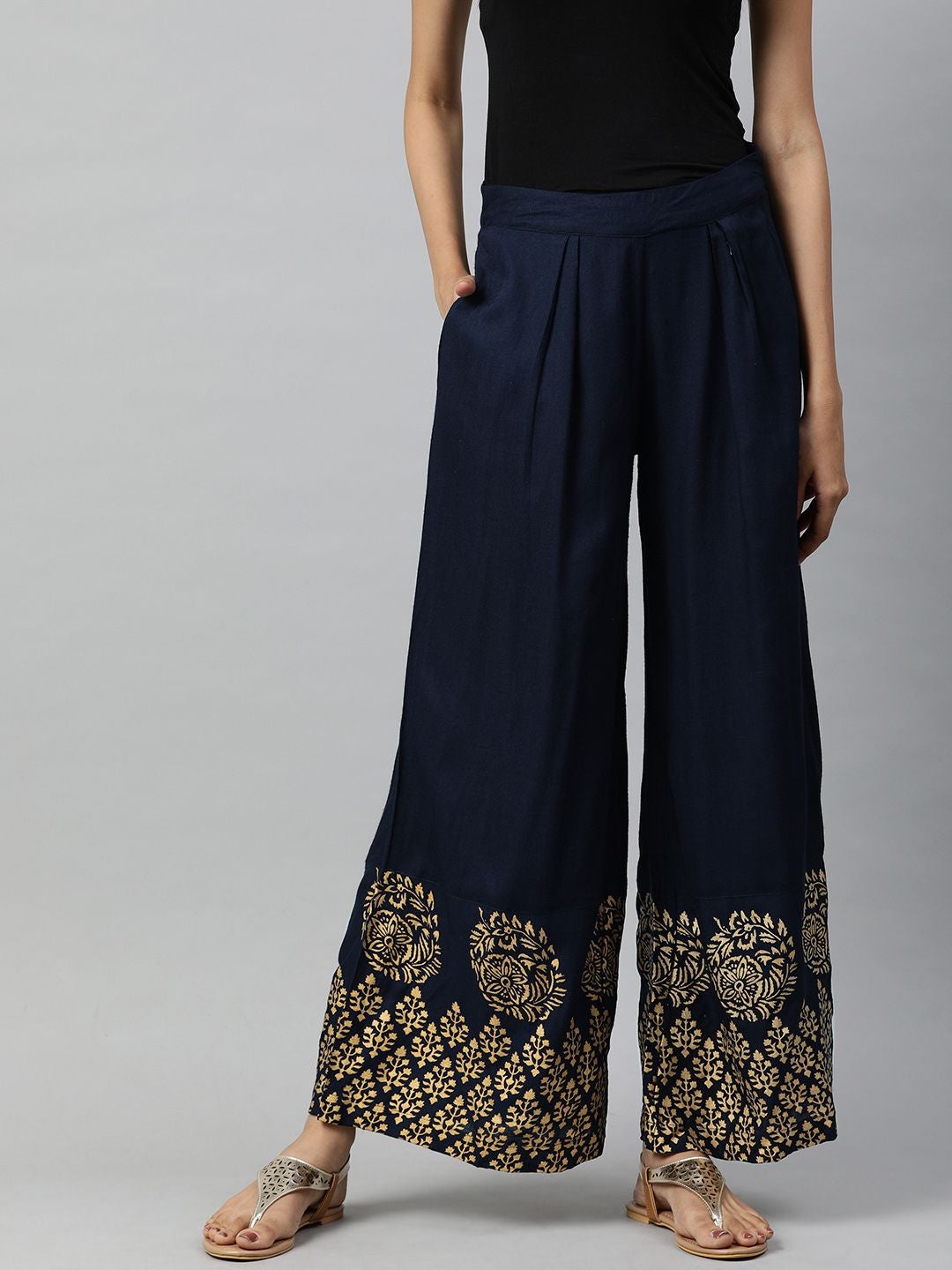Blue Solid Rayon Slub Palazzo