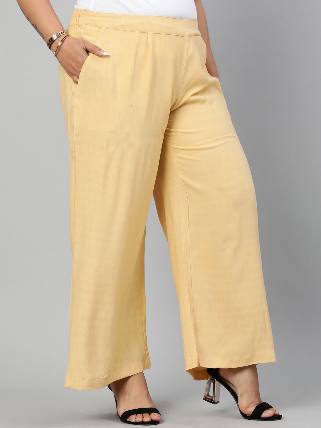 Beige Solid Rayon Palazzo