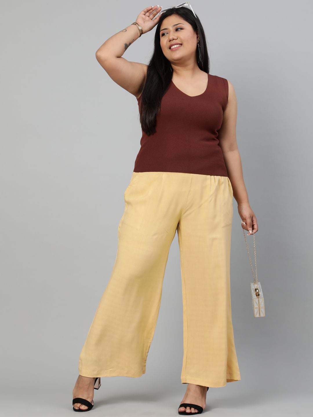 Beige Solid Rayon Palazzo
