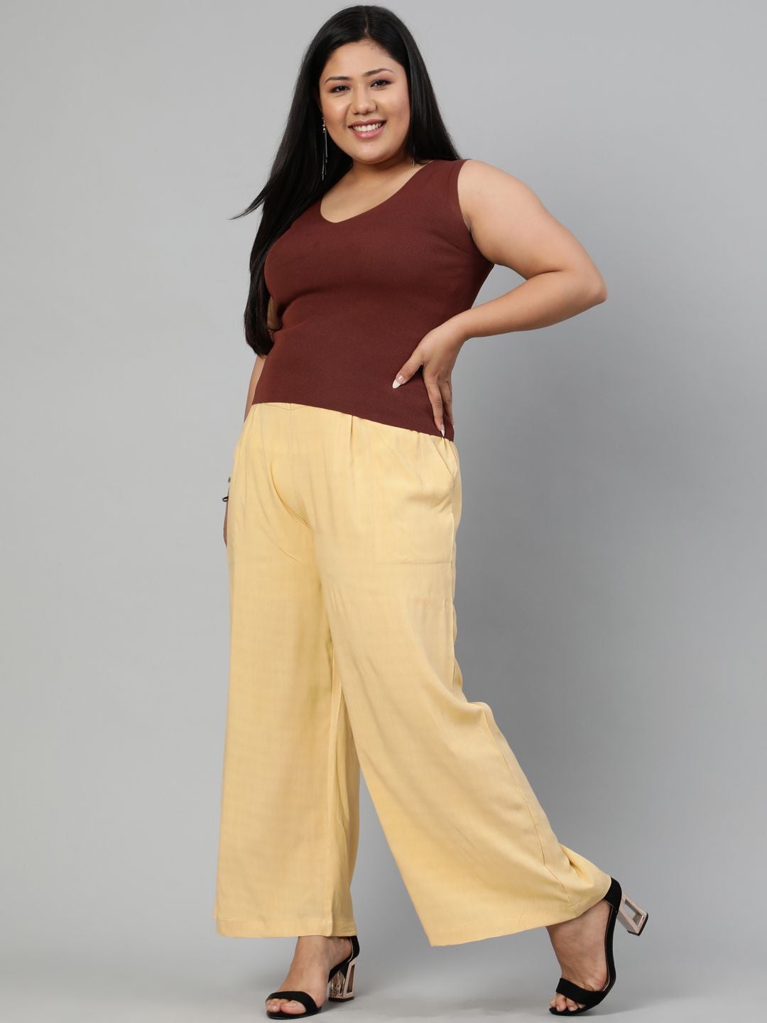 Beige Solid Rayon Palazzo