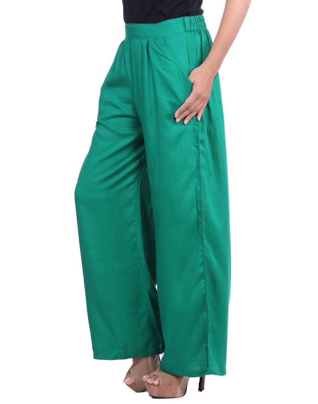 Bottle Green Solid Rayon Palazzo