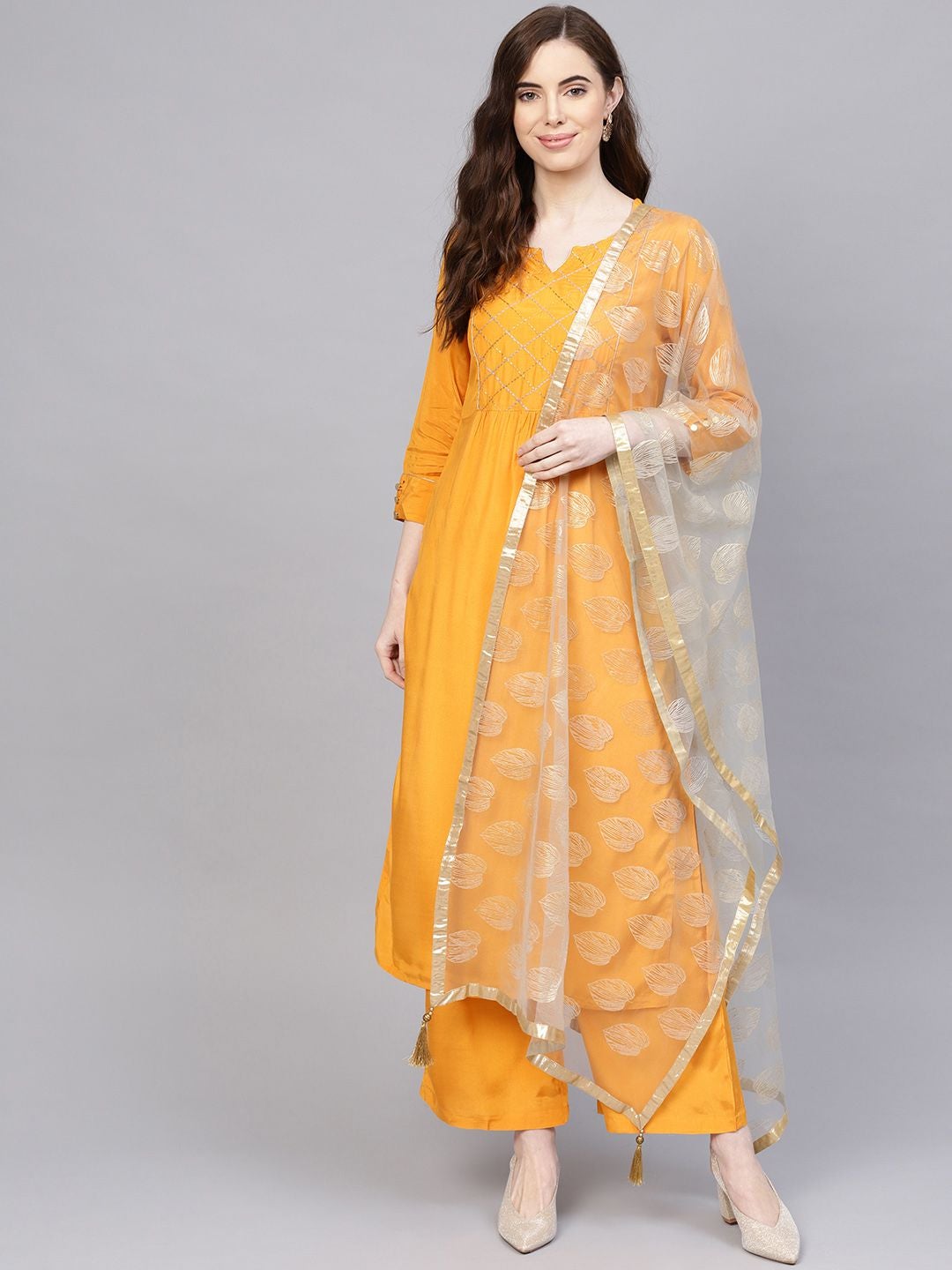 Mustard & Grey Yoke Design Kurta with Palazzos & Net Dupatta