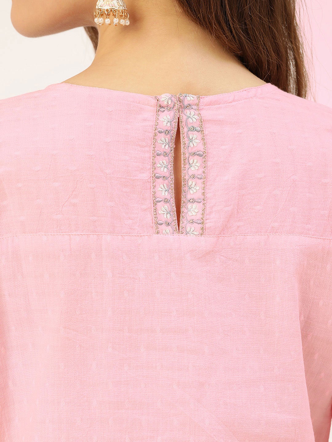 Pink & Grey Dobby Weave Straight Kurta with Palazzos & Dupatta