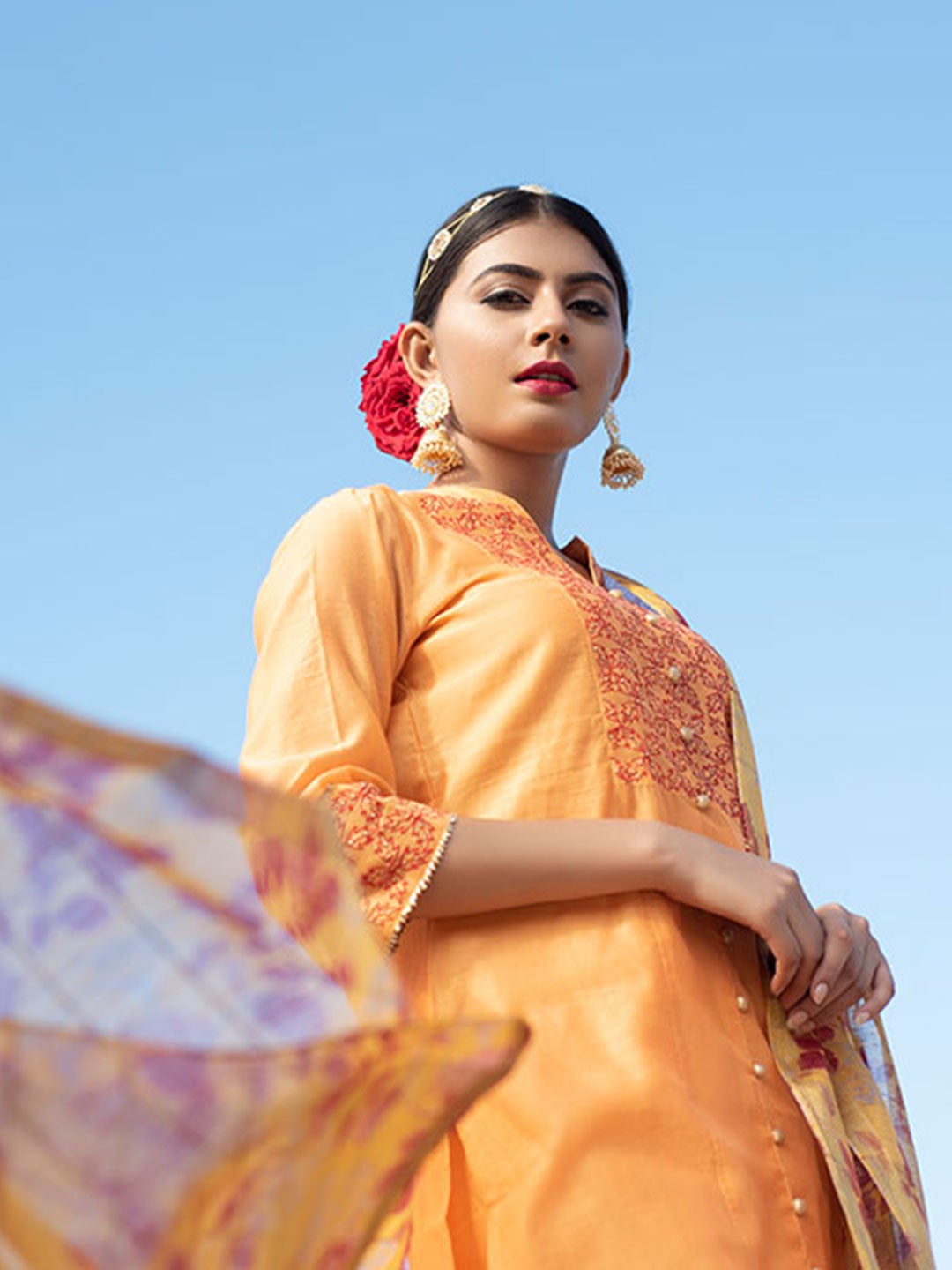 Yellow Solid Straight Chanderi Kurta with Palazzos & Dupatta