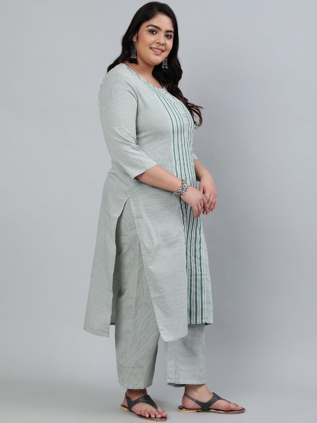 Green Self-Striped Straight Cotton Blend Kurta with Palazzos