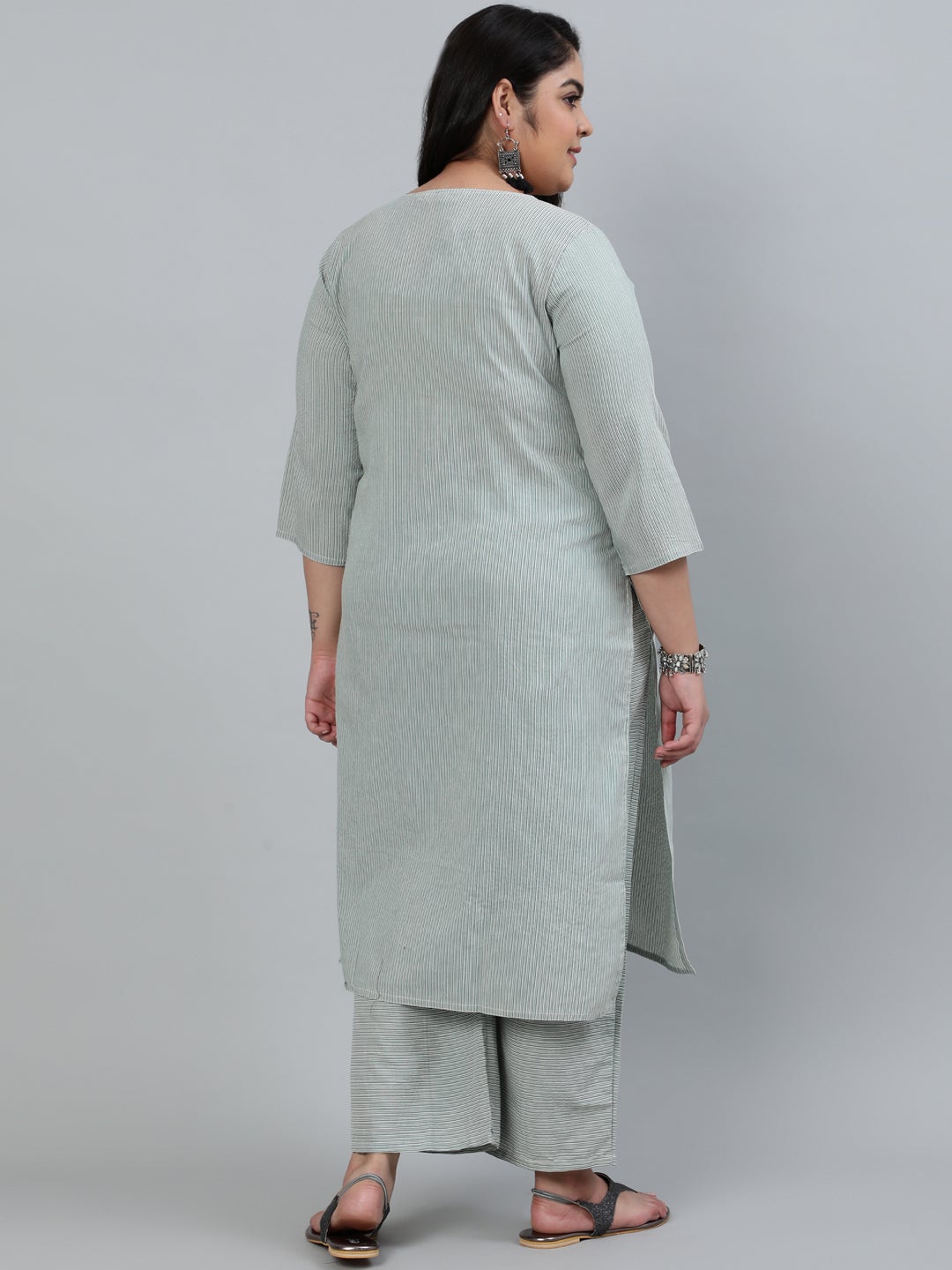 Green Self-Striped Straight Cotton Blend Kurta with Palazzos