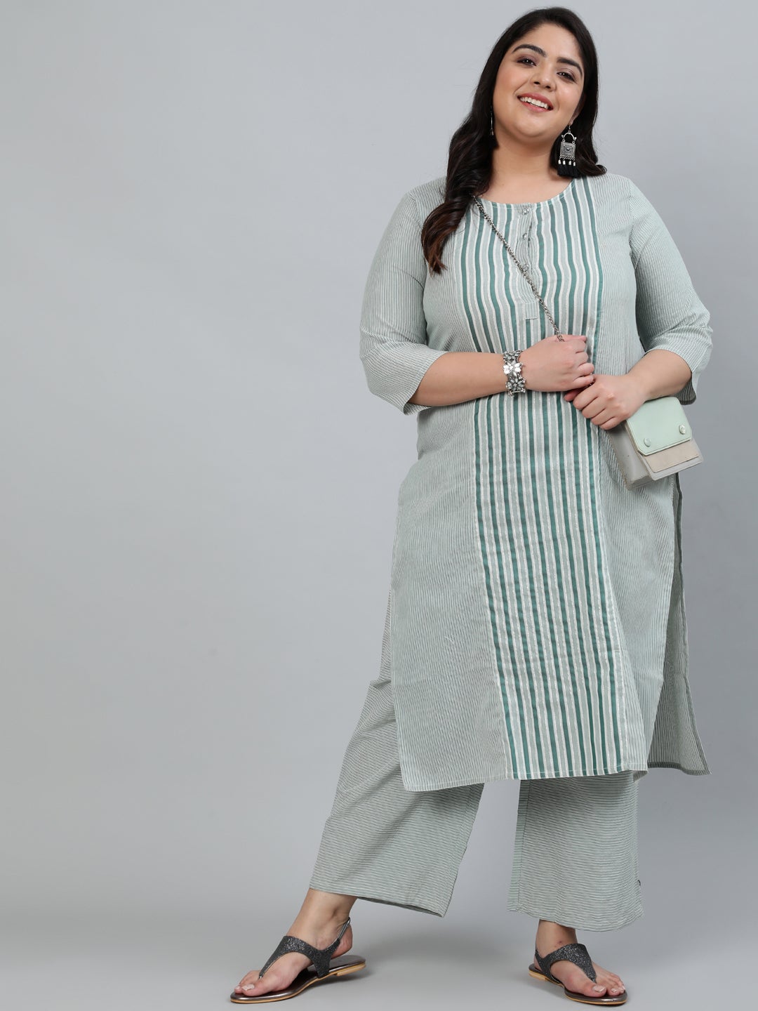 Green Self-Striped Straight Cotton Blend Kurta with Palazzos