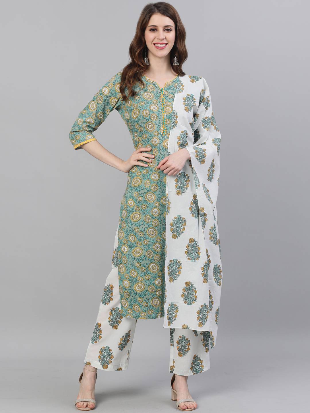 Green Printed Cotton Kurta Set With Dupatta