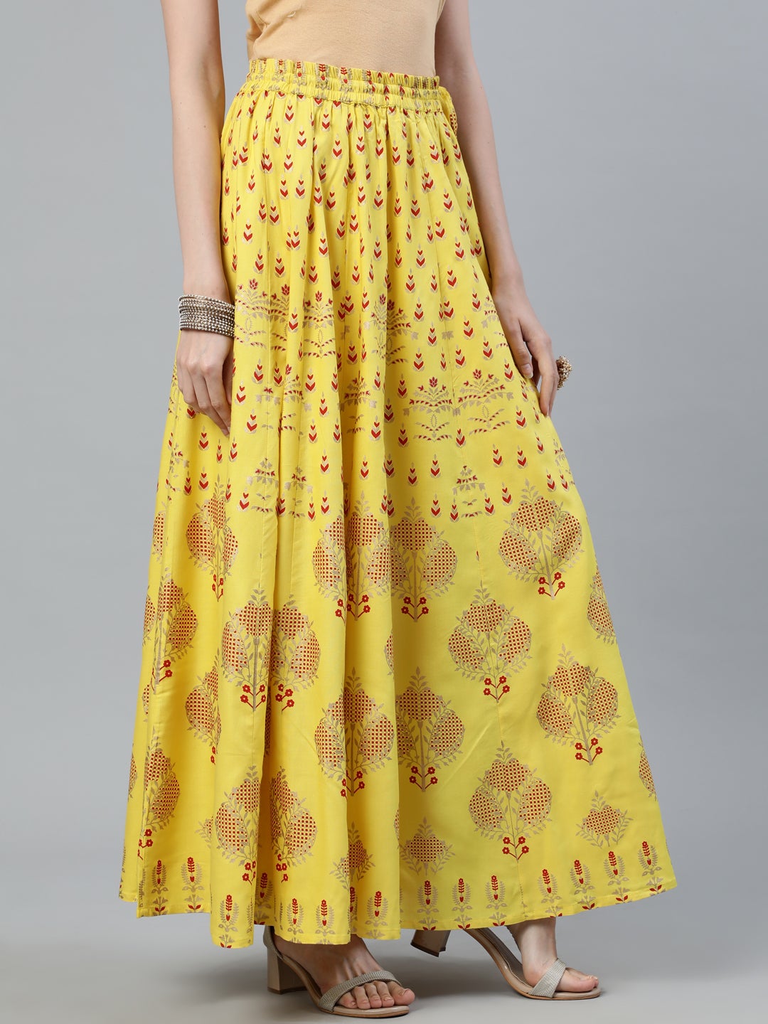Yellow Gold Printed Maxi Flared Skirt