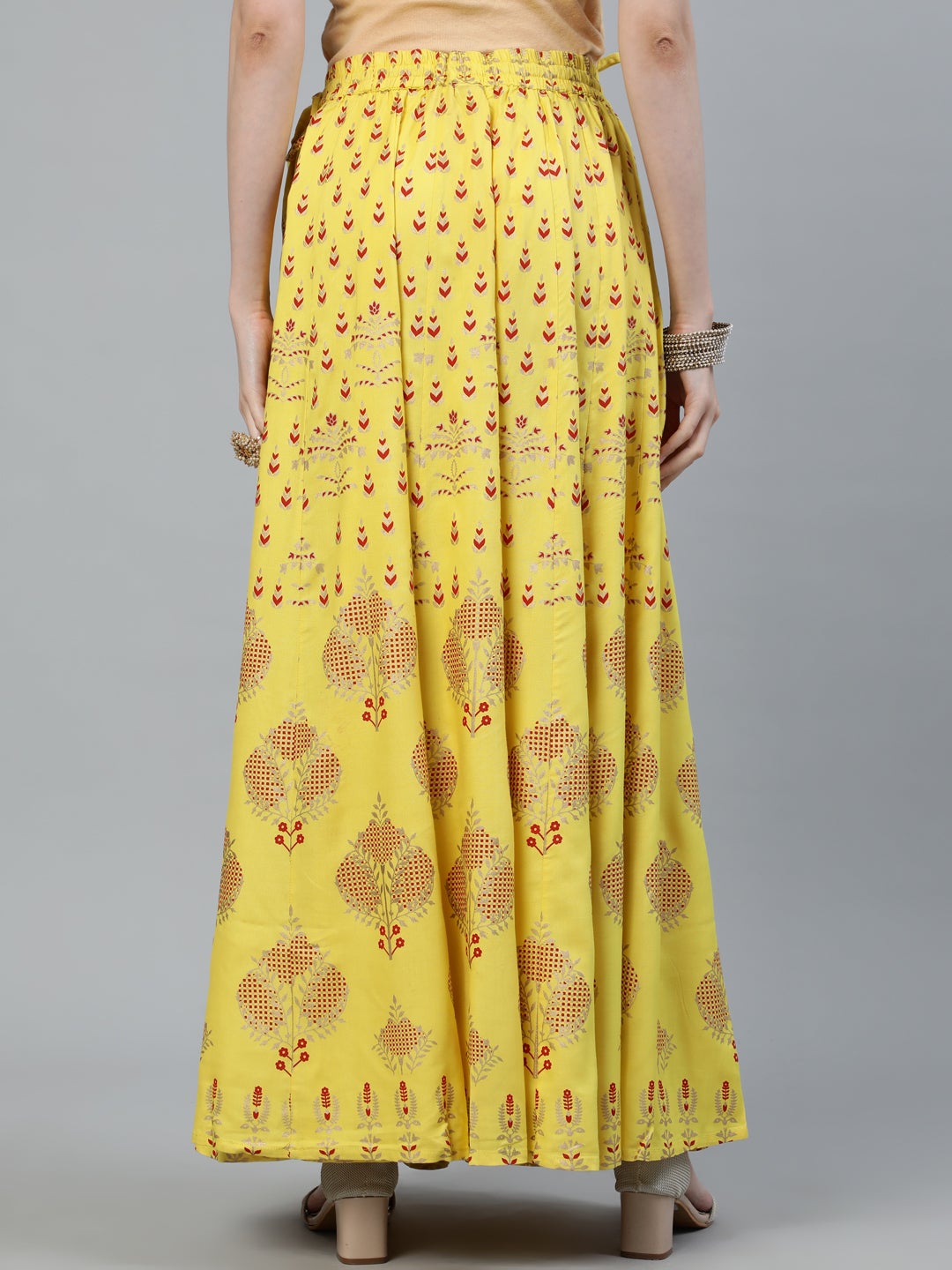 Yellow Gold Printed Maxi Flared Skirt