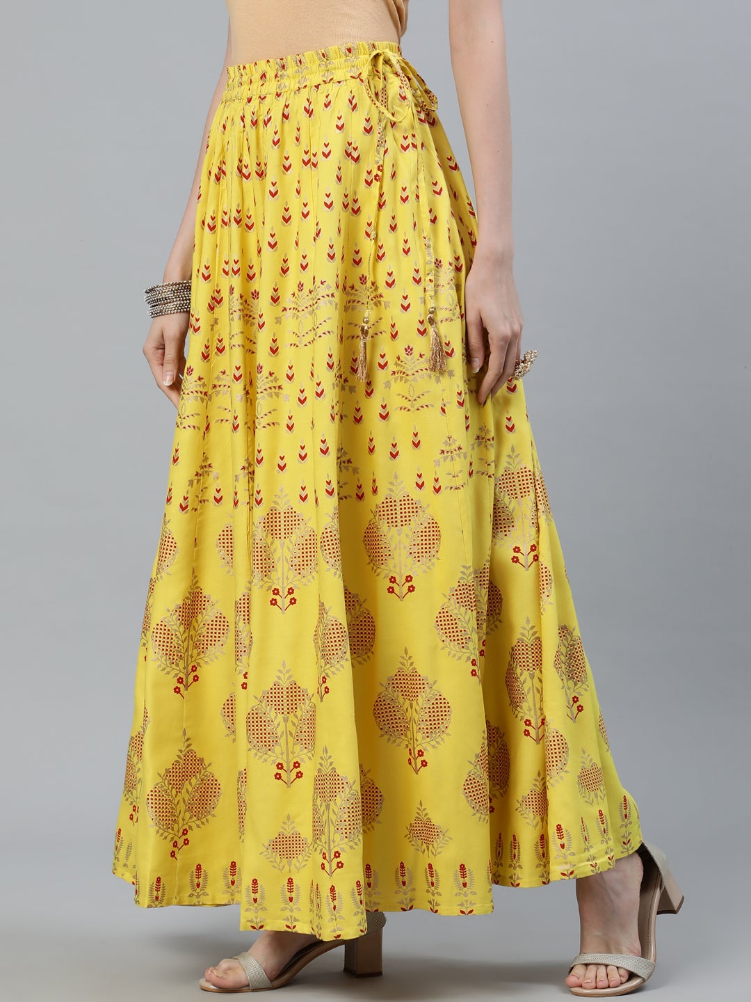Yellow Gold Printed Maxi Flared Skirt