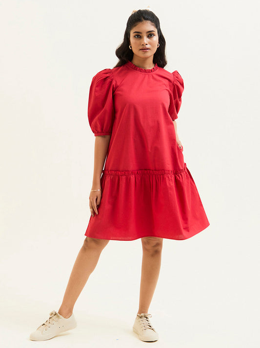 Red Cotton A-line Short Dress