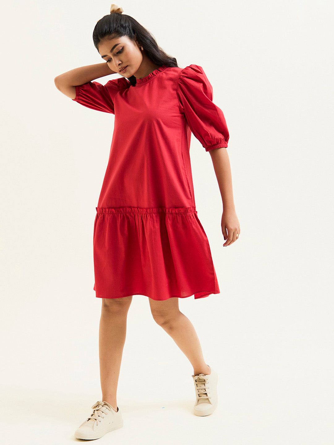 Red Cotton A-line Short Dress