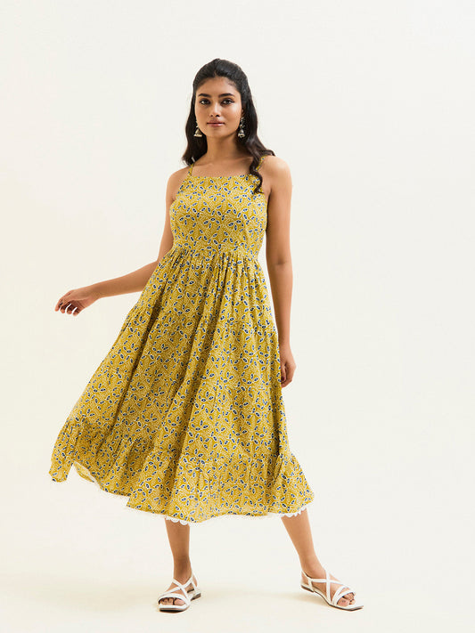 Mustard Ethnic Printed Strappy Dress