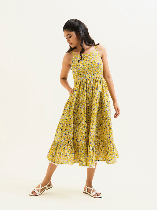 Mustard Ethnic Printed Strappy Dress