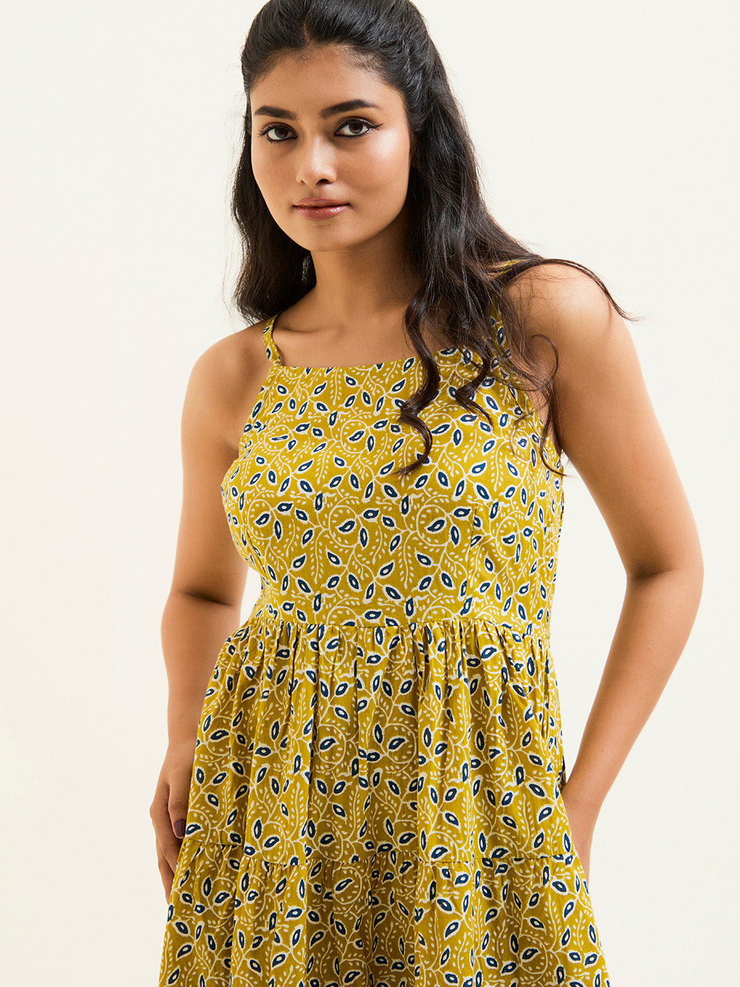 Mustard Ethnic Printed Strappy Dress