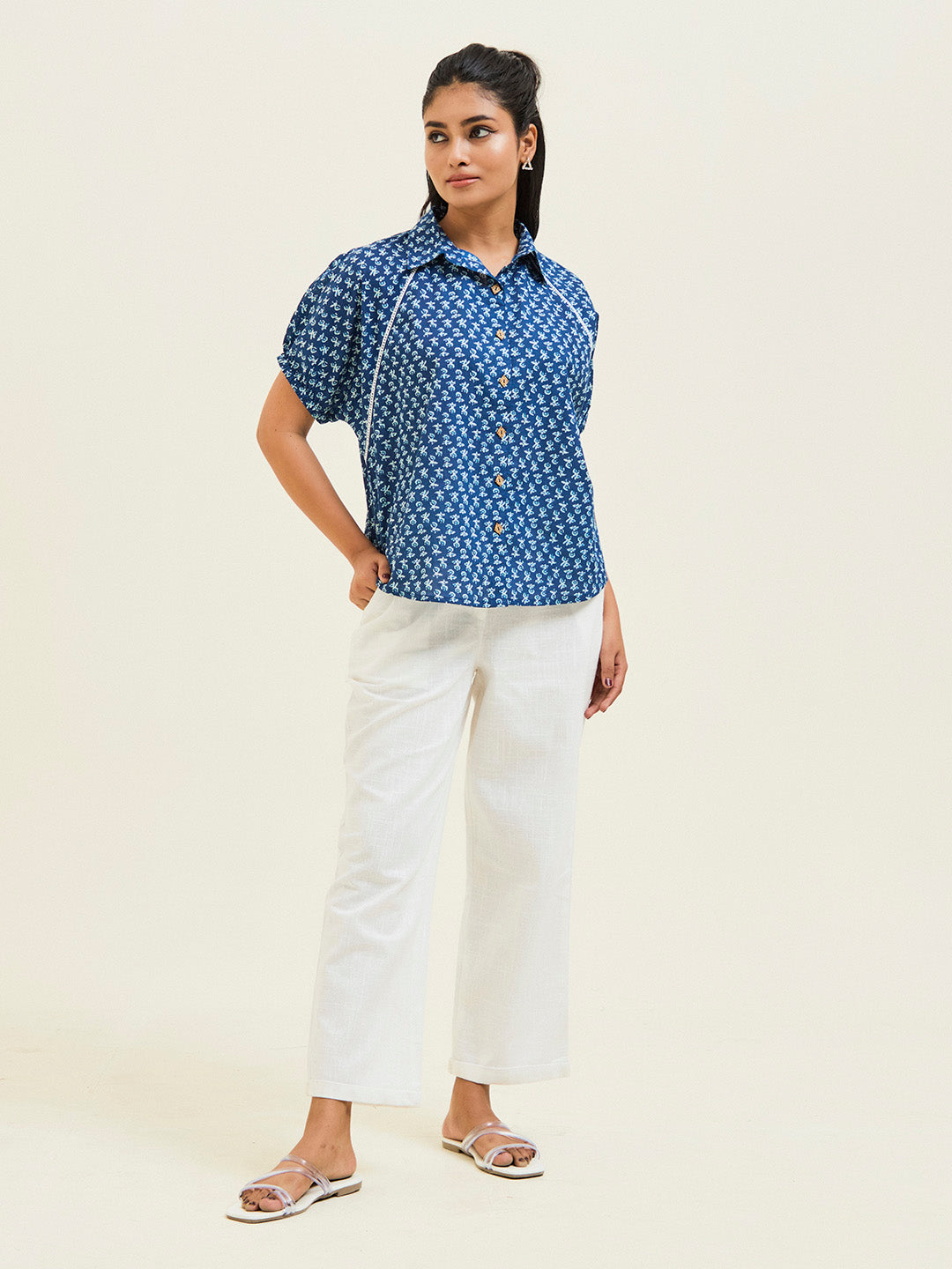 Ethnic Printed Indigo Blue Cotton Shirt