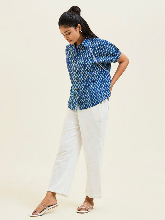 Ethnic Printed Indigo Blue Cotton Shirt