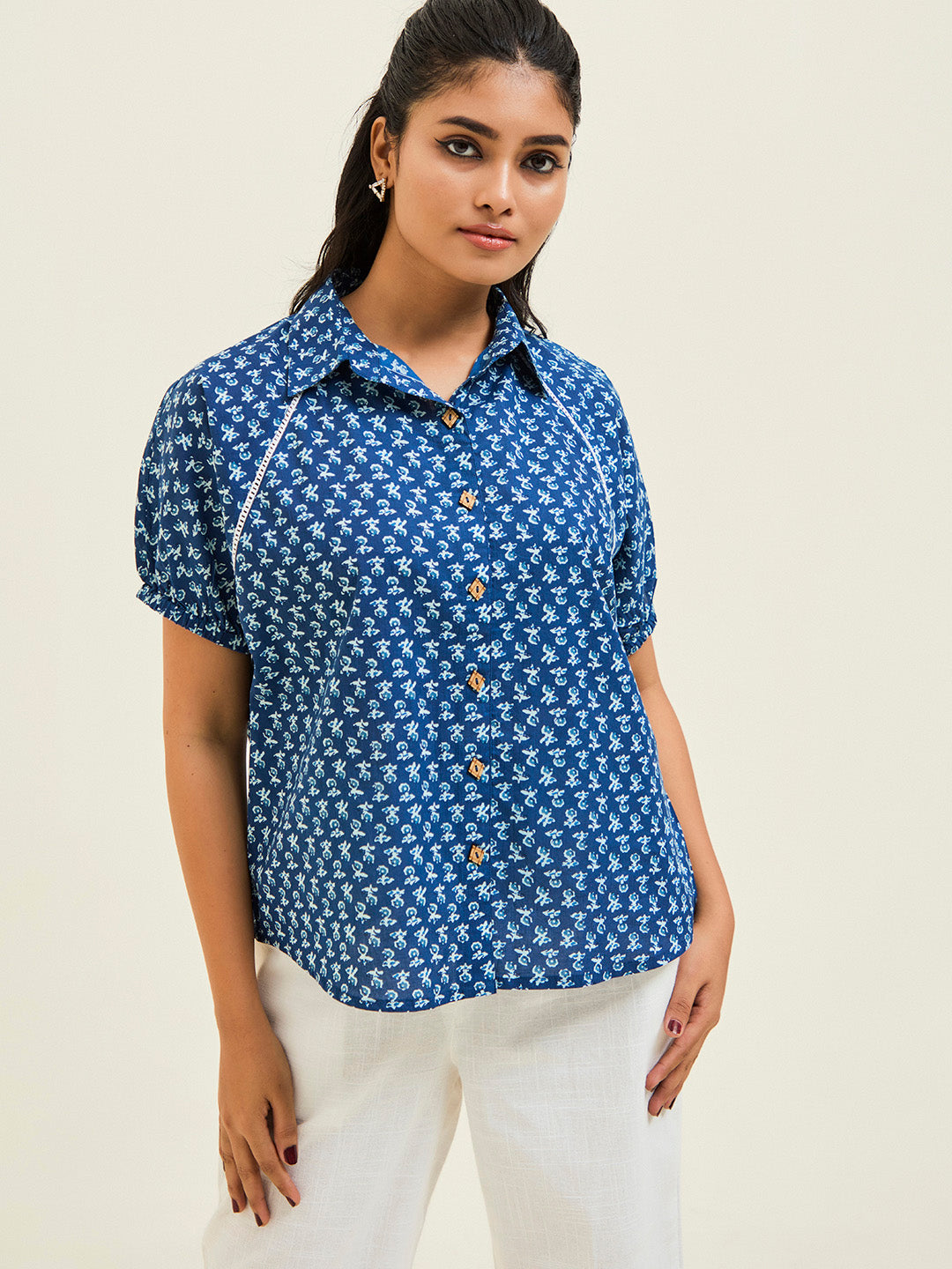 Ethnic Printed Indigo Blue Cotton Shirt