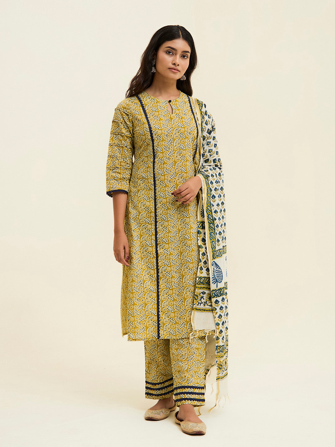 Mustard Handblock Printed Cotton Suit Set