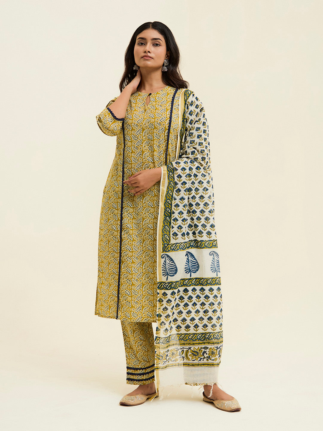 Mustard Handblock Printed Cotton Suit Set