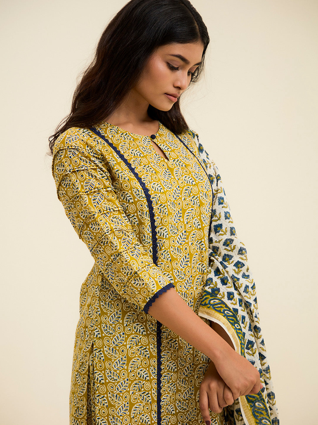 Mustard Handblock Printed Cotton Suit Set