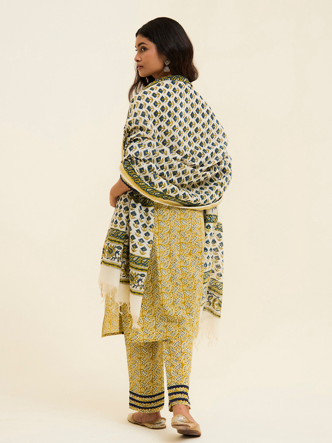 Mustard Handblock Printed Cotton Suit Set