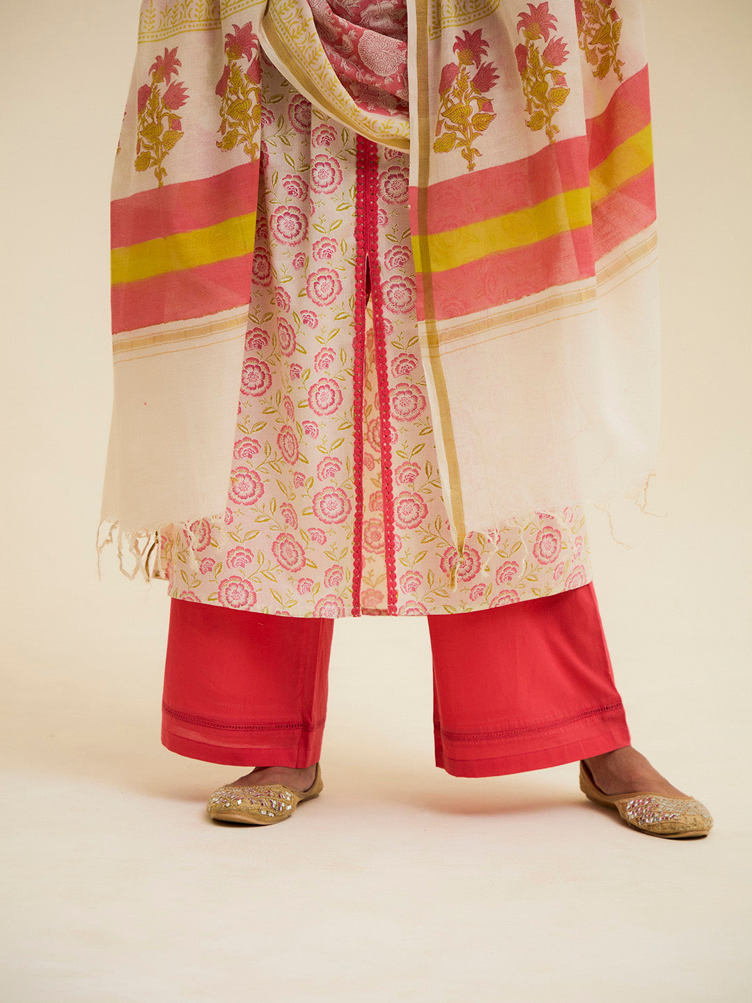 Coral Cotton Handblock Printed Kurta With Palazzo And Dupatta