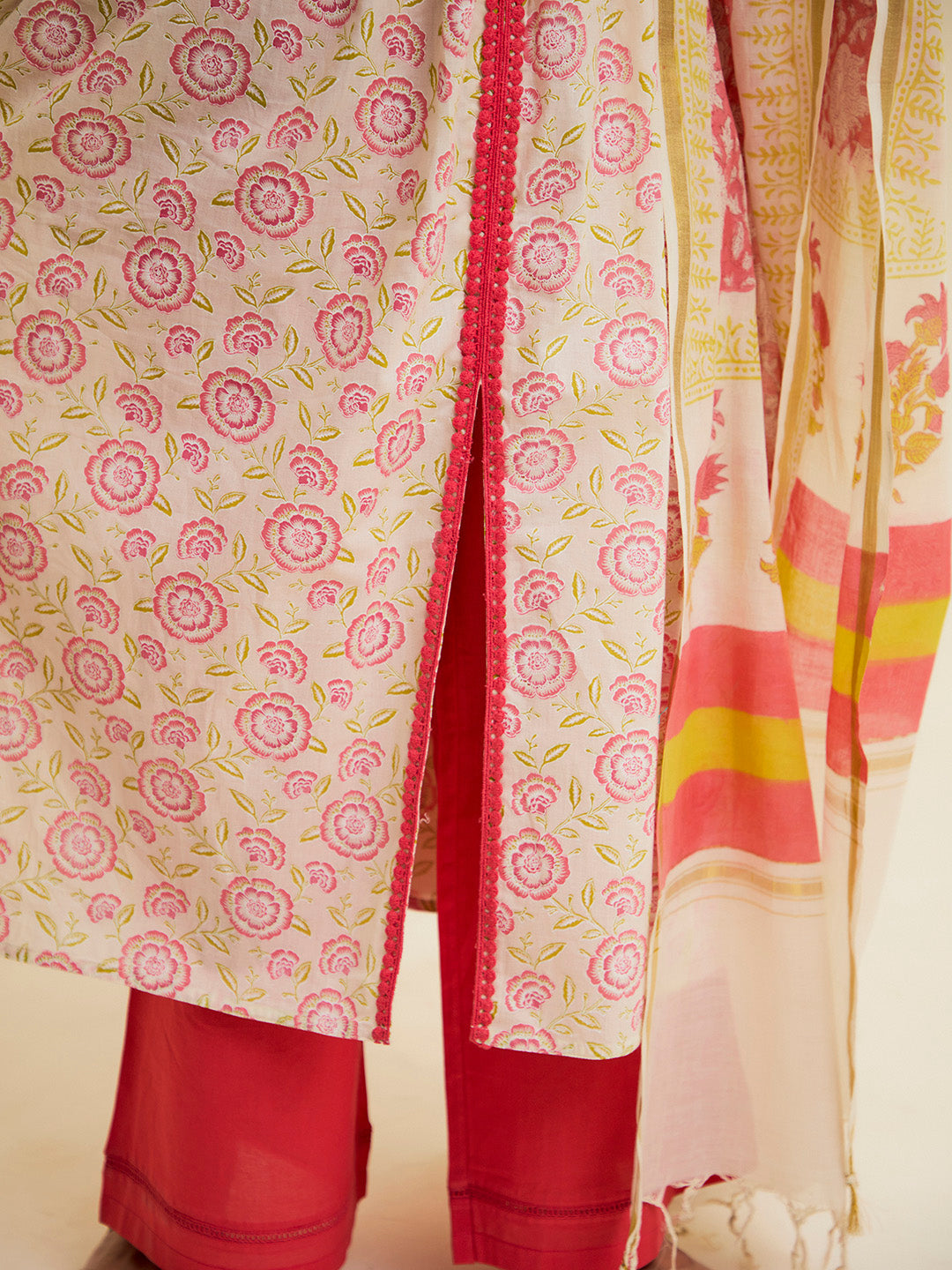 Coral Cotton Handblock Printed Kurta With Palazzo And Dupatta