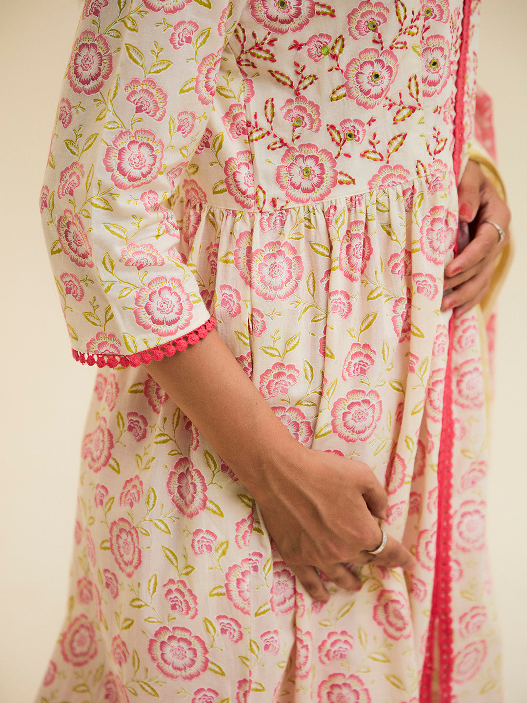 Coral Cotton Handblock Printed Kurta With Palazzo And Dupatta