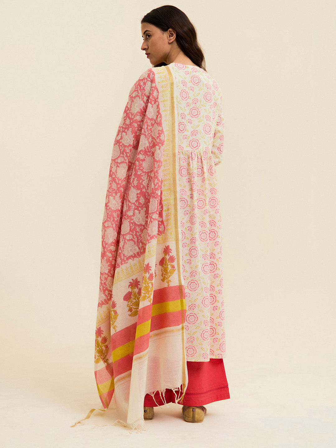 Coral Cotton Handblock Printed Kurta With Palazzo And Dupatta