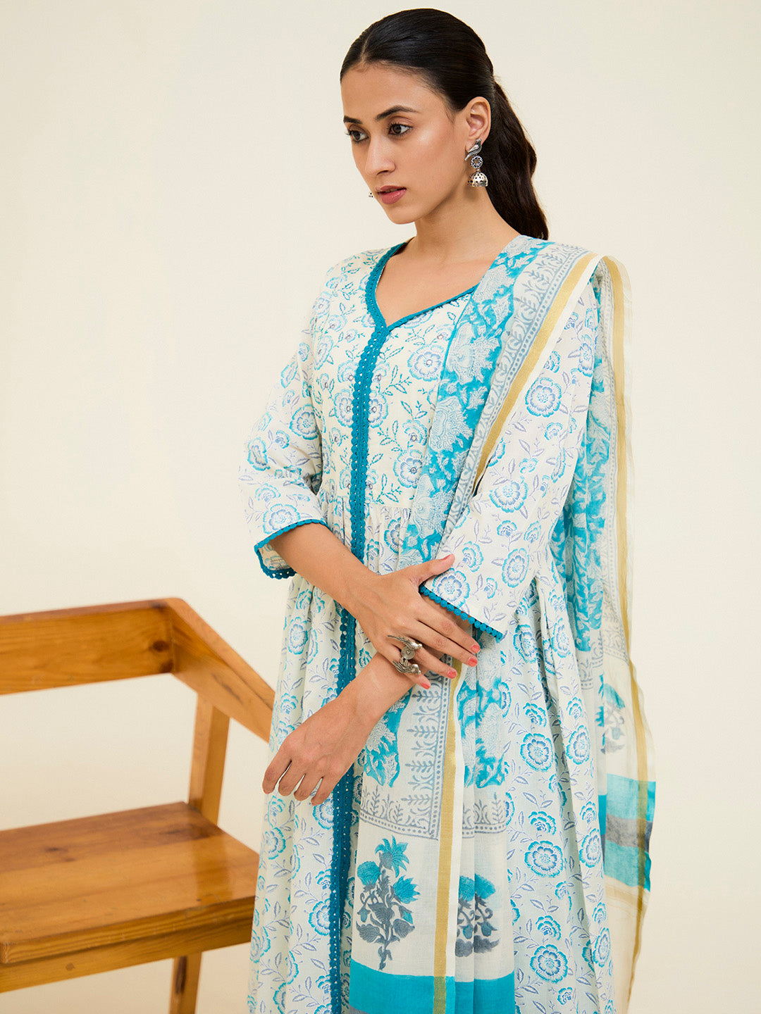 Turquoise Cotton Handblock Printed Kurta With Palazzo And Dupatta