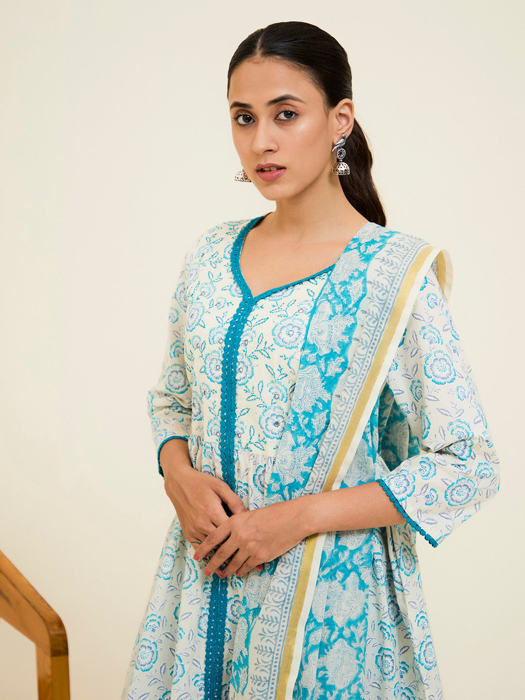 Turquoise Cotton Handblock Printed Kurta With Palazzo And Dupatta