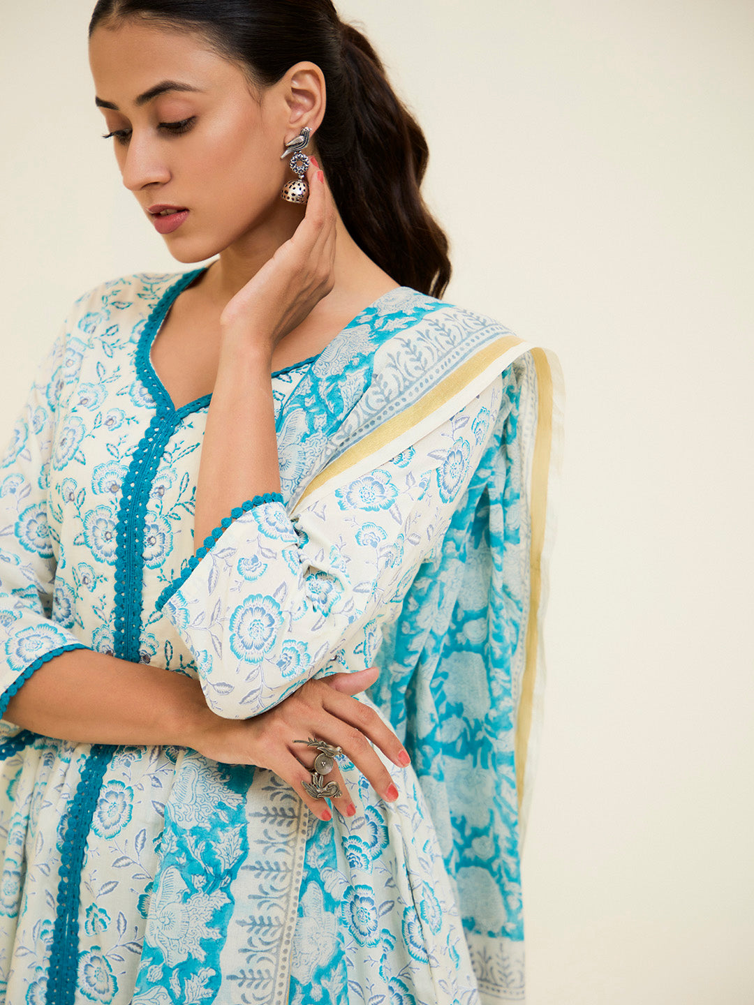 Turquoise Cotton Handblock Printed Kurta With Palazzo And Dupatta