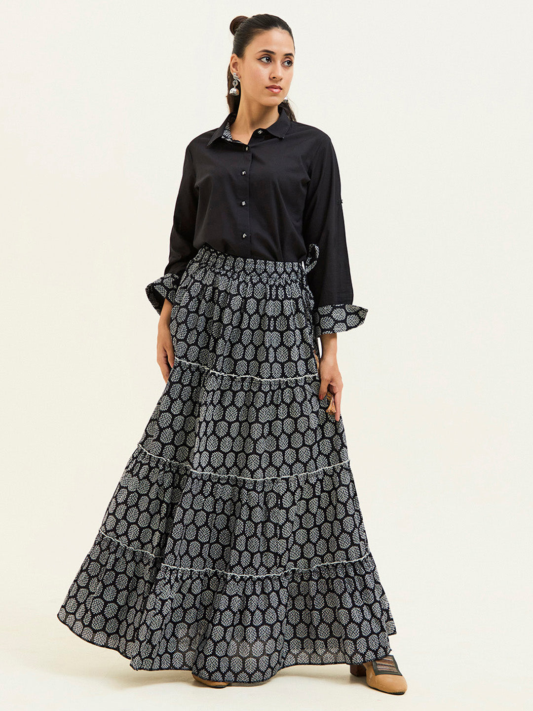 Black Handblock Printed Cotton Skirt