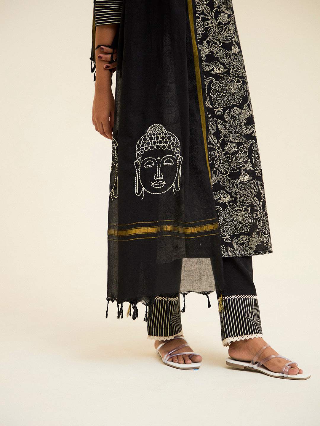 Black Handblock Printed Buddha Embroidered Suit Set