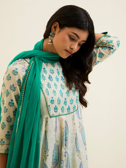 Turquoise Blue Block Printed Anarkali Kurta Set With Dupatta