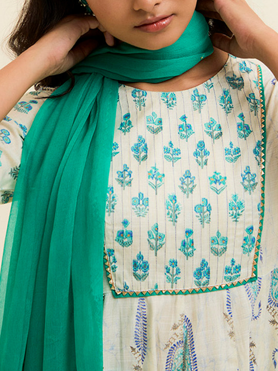 Turquoise Blue Block Printed Anarkali Kurta Set With Dupatta