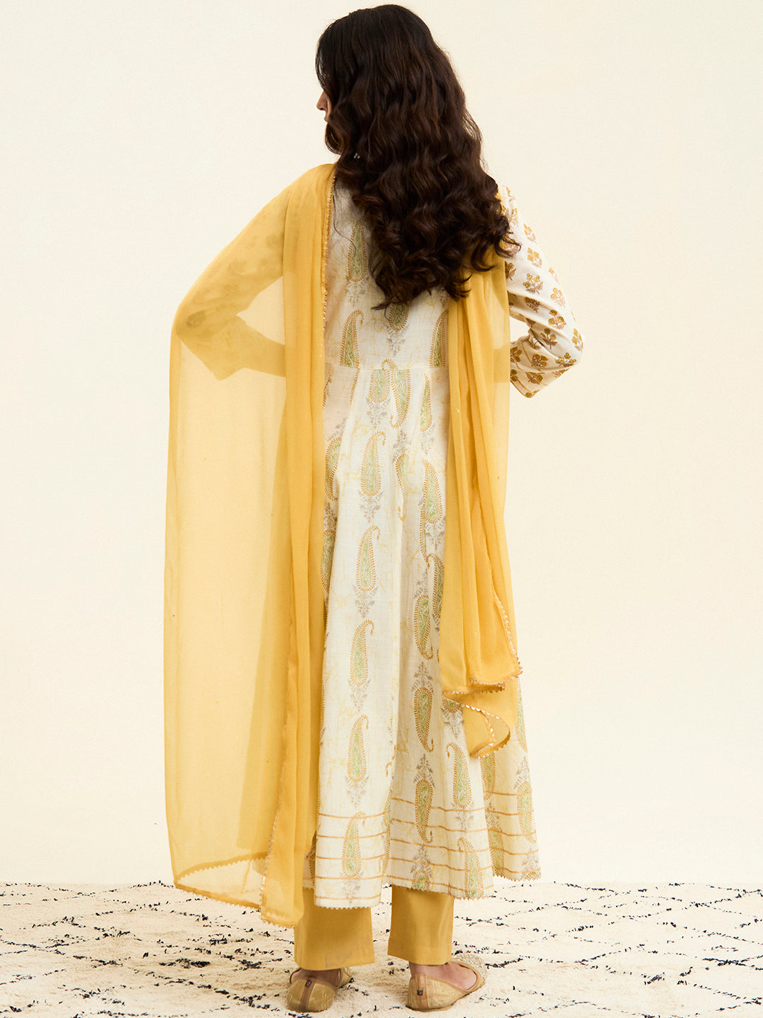 Yellow Block Printed Anarkali Kurta Set With Dupatta