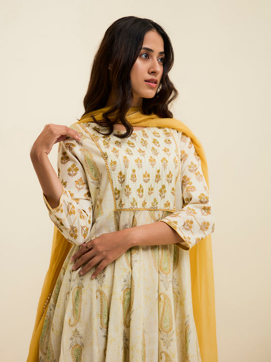 Yellow Block Printed Anarkali Kurta Set With Dupatta