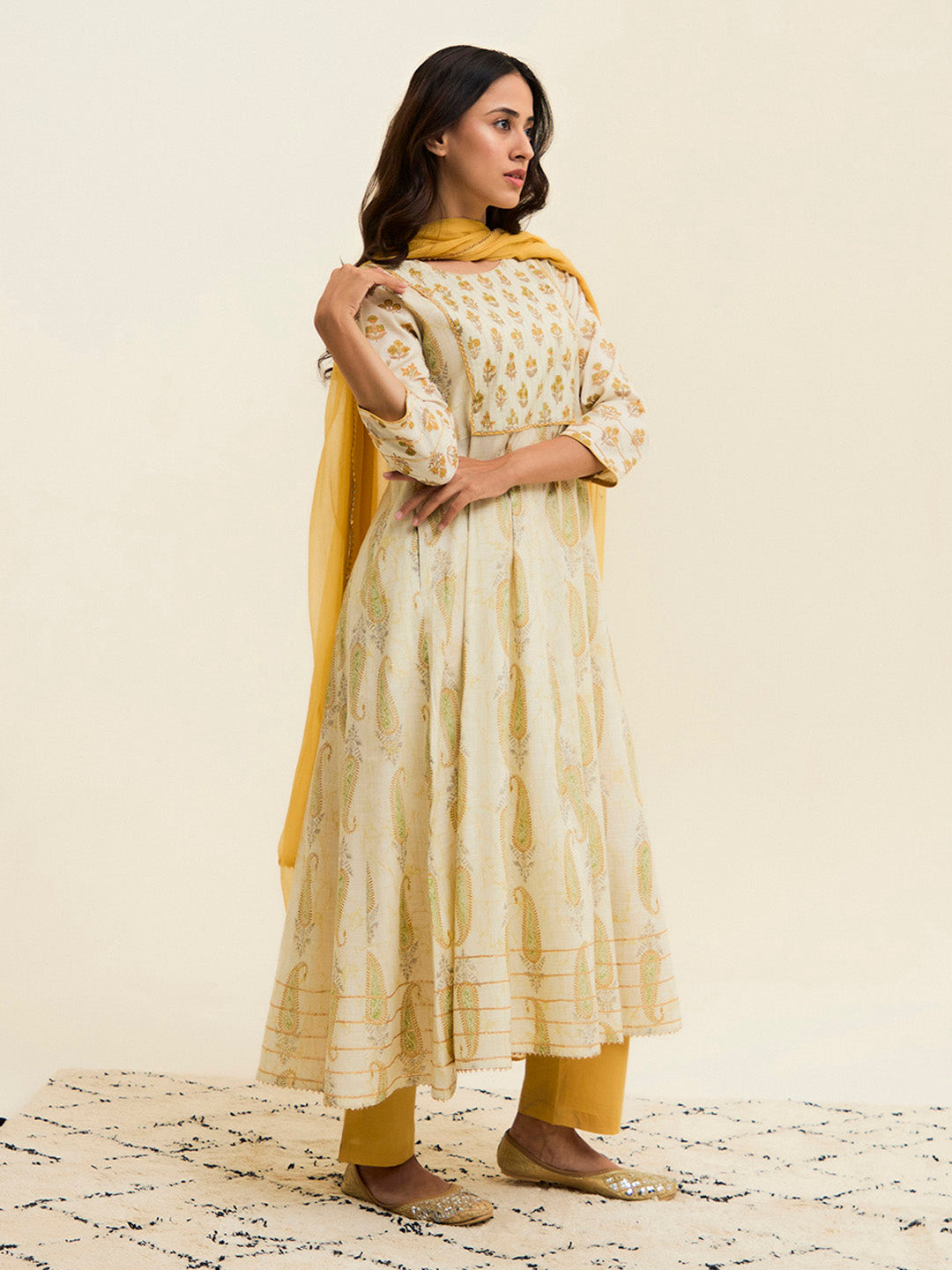 Yellow Block Printed Anarkali Kurta Set With Dupatta