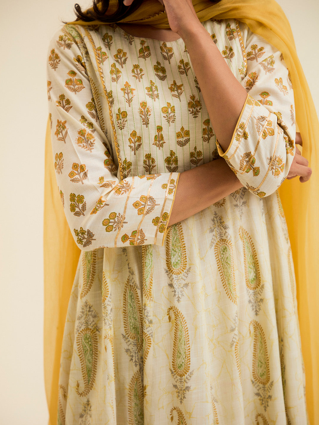 Yellow Block Printed Anarkali Kurta Set With Dupatta