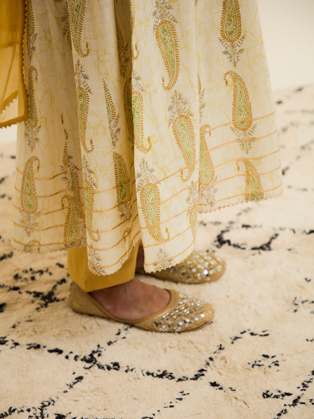 Yellow Block Printed Anarkali Kurta Set With Dupatta