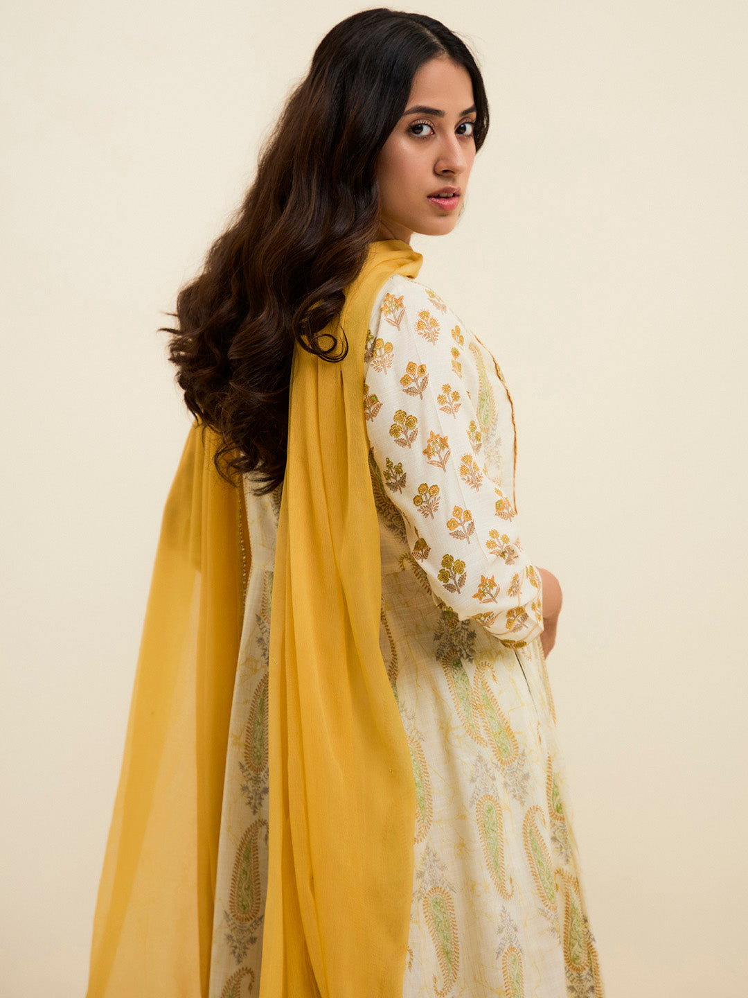 Yellow Block Printed Anarkali Kurta Set With Dupatta