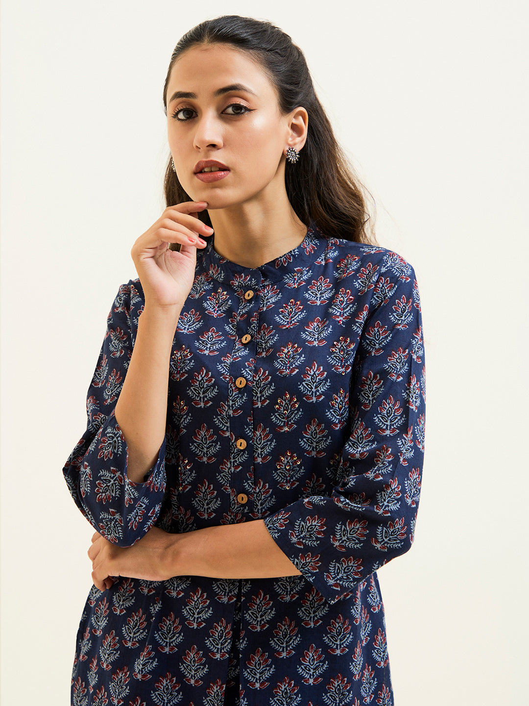 Navy Blue Ethnic Printed Short Kurta