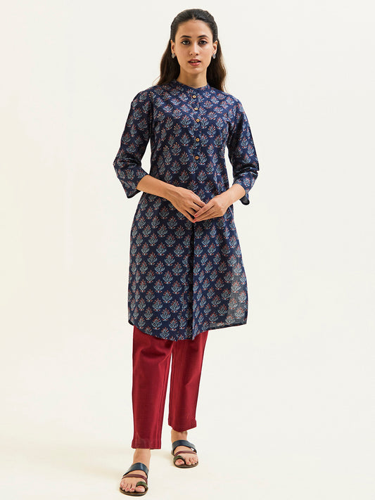 Navy Blue Ethnic Printed Short Kurta