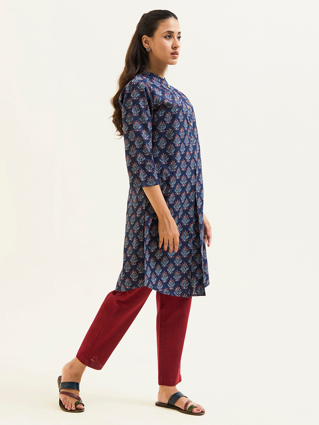 Navy Blue Ethnic Printed Short Kurta