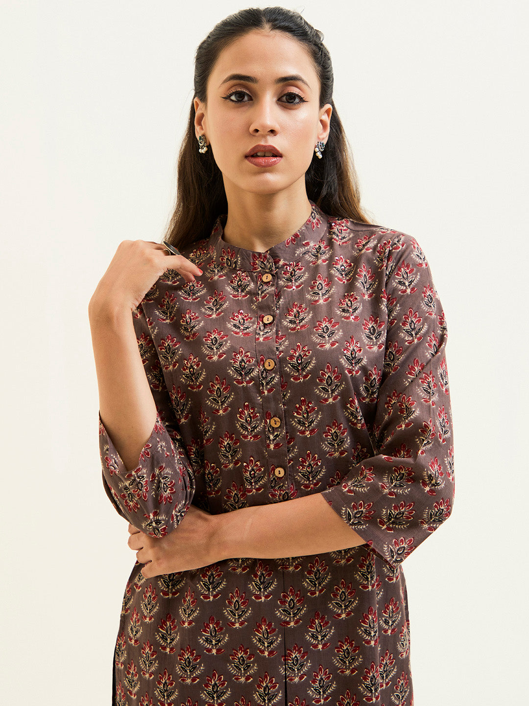 Sand Grey Ethnic Printed Short Kurta